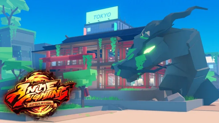 Anime Fighting Simulator key art with the game logo over a Tokyo city scene